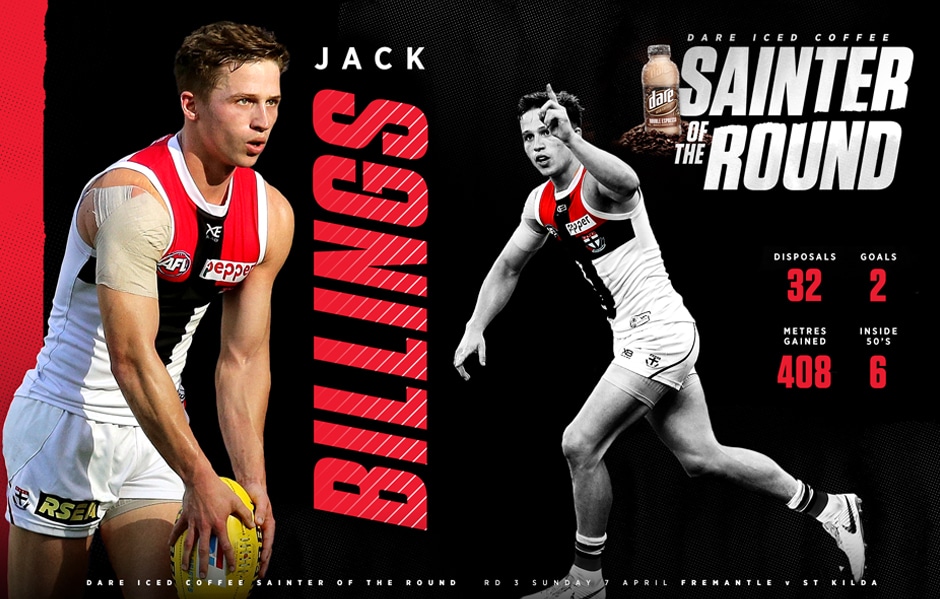 Jack Billings edged out two fellow young guns to be voted by you as this week's Dare Iced Coffee Sainter of the Round. - St Kilda Saints,Jack Billings